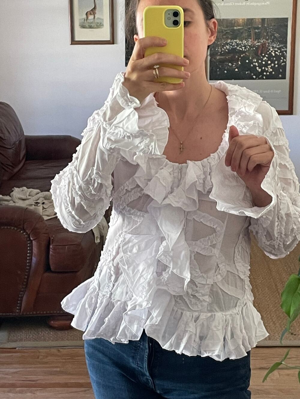 Y2K White Cotton Ruffle Blouse Size 10